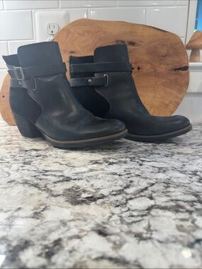Kork-Ease Black Leather Ankle Booties with Buckle Accent